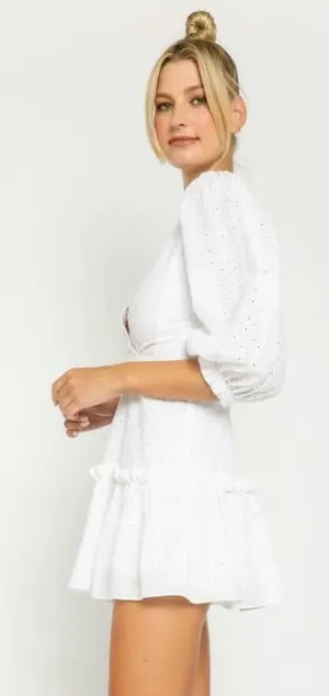 Olivaceous White Eyelet Puff-Sleeve Mini Dress thumbnail 1
