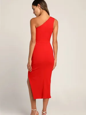 Lulus Centered on Style Red One-Shoulder Bodycon Ribbed Midi Dress Ruched Slit thumbnail 4