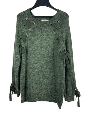 Audrey Parks Francesca’s Sweater Womens M Heathered Green Lace Up Knit Boho NWT thumbnail 1