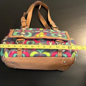 Lily Bloom Multicolor Satchel Handbag‎ Geometric Floral Coated Canvas Brown Trim thumbnail 2