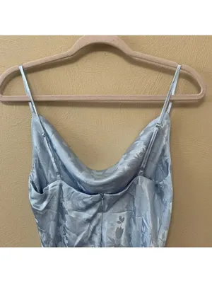 Lulus Close to Your Heart Dusty Blue Satin Jacquard Cowi Slip Dress Size L thumbnail 6