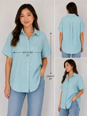 Lauren Ralph Lauren Blue Striped 100% Linen Button Down Blouse Women's Medium thumbnail 2