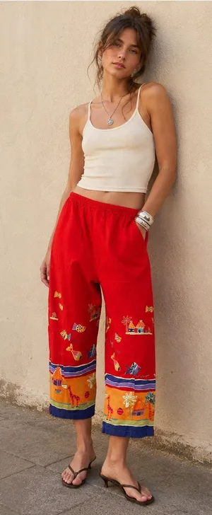 Vintage Y2K White Stag Red Wide Leg Capri Pants Cotton L Boho Resort thumbnail 1