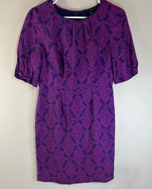 Banana Republic Purple Damask Silk Blend Sheath Dress Short‎ Puff Sleeve Size 4 thumbnail 1