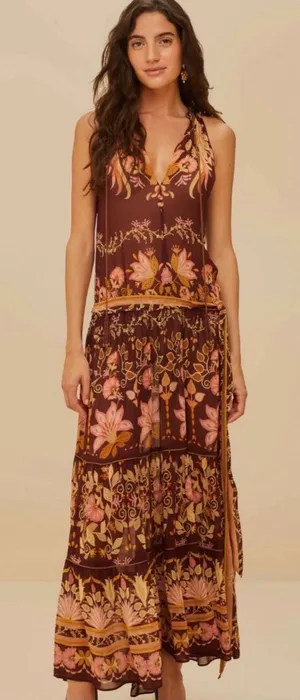 Farm Rio Maxi Dress Women Medium Burgundy Floral Tiered Beaded Tassel Boho thumbnail 1