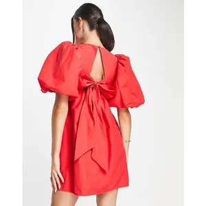 & Other Stories Bow Back Swing Dress 6 Mini Cutout Puff Sleeve Red Holiday NWT thumbnail 2