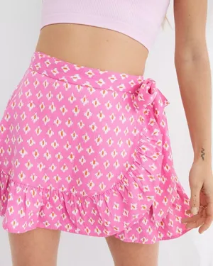 Aerie Women's Lip Gloss Pink Ikat Print Ruffle Wrap Mini Skirt‎ Linen Size Large thumbnail 1