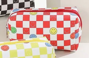 Red and White Checkered Smiley Face Cosmetic Pouch thumbnail 1