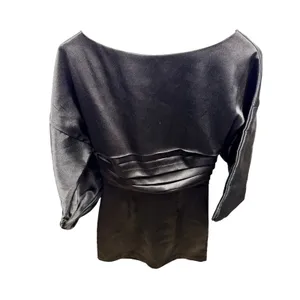 h:ours $218 Women's Cristiano Satin Puff Sleeve Pleated Mini Dress in Black Sz 0 thumbnail 3