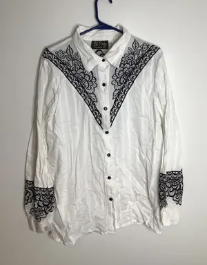 Bob Mackie Button Down Shirt Womens L White Excellent Floral Embroidery Western thumbnail 1