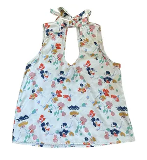 Floral Halter Neck Deep V-Neck Silky Blouse Shirt Summer Top‎ Vacation Sz Medium thumbnail 1