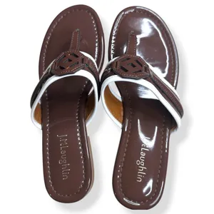 J.McLaughlin Leslie Thong Sandals Patent Leather Brown‎ White Preppy Women 7M thumbnail 3