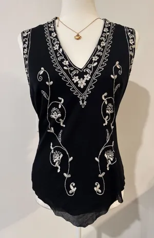 Vintage Cache Sleeveless Black Mesh Top Embroidery SIZE L Boho y2k Fairy Dark thumbnail 1