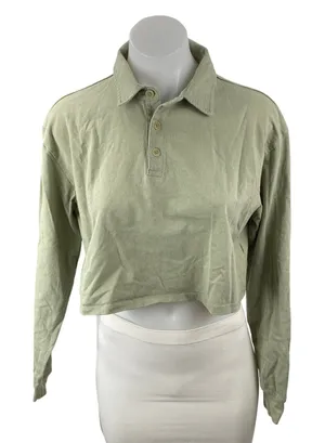 Aritzia Sunday Best Women's Green Long Sleeve Polo Cropped Shirt Top Size S thumbnail 1