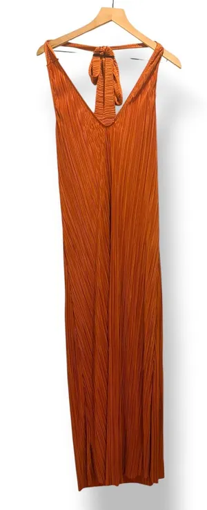 ASOS DESIGN Burnt Orange Pleated Halter Maxi Dress Size L 70s Disco Retro thumbnail 1
