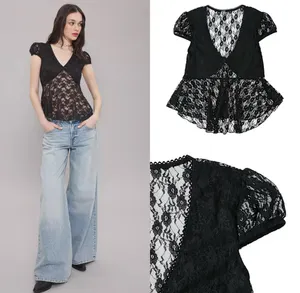 NWOT Black Lace see through Cap Sleeve Babydoll high low Top size L thumbnail 8
