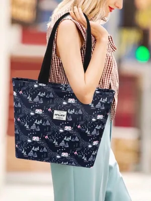 Waterproof Tote Bag Zip Top Multi Pocket Travel Work School Floral Navy thumbnail 4