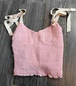 Free People Pink Smocked linen Tie-Shoulder Cropped camisole Top size small EUC thumbnail 1