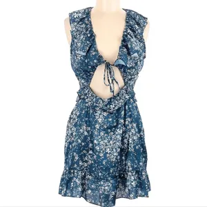 TULAROSA NWT Tanya Satin Blue Floral Cut-Out Ruffle Dress with Tie‎ front Medium thumbnail 3