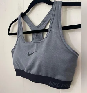 Nike Dri Fit Sports Bra Removable Pads Grey Black Swoosh Racerback ~ Size M thumbnail 4
