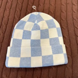 Checkered Smiley Face Beanie Light Blue White‎ Knit Cuff Hat RN 75343 One Size thumbnail 2