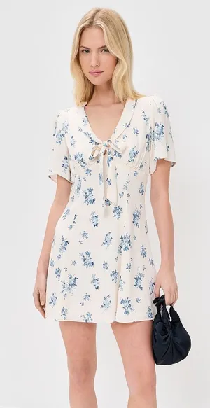 Reformation Tyra Mini Dress Floral Modest Blue Cream Girly Feminine Dress Sz 2 thumbnail 1