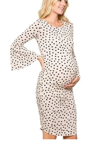 My Bump Maternity Dress, Polka Dot Bell Sleeves Body Con Dress,taupe And Black L thumbnail 1
