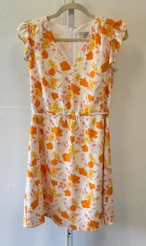 LOFT Outlet Floral Flutter Sleeve V-Neck Dress Orange Yellow White SP21 557376 S thumbnail 1
