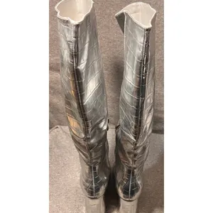 Womens Silver Crocodile Embossed Knee High Boots Pointed Toe‎ Block Heel thumbnail 6