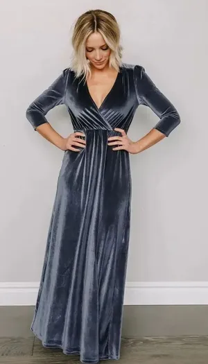 Baltic Born Sofia Velvet Slate Blue half sleeve maxi dress Small #784 thumbnail 1
