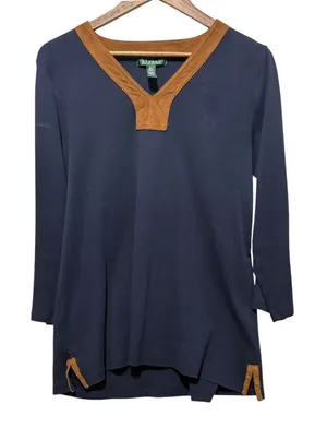 Lauren Ralph Lauren Tunic Top L Navy Blue‎ Suede Trim Equestrian Preppy Capsule thumbnail 1