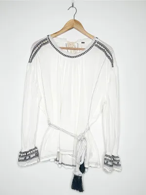 Free People On Holiday Embroidered Sash Waist Blouse White Size Small thumbnail 3