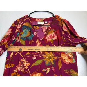 Belle Boho Kim Gravel Burgundy Floral V-Neck Blouse Long Sleeve S thumbnail 7