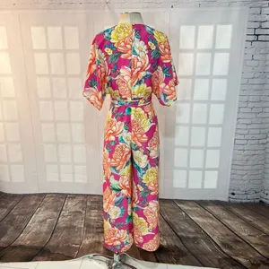 Farm Rio Anthropologie Eulalie pink floral Wide-Leg Jumpsuit size XS thumbnail 9