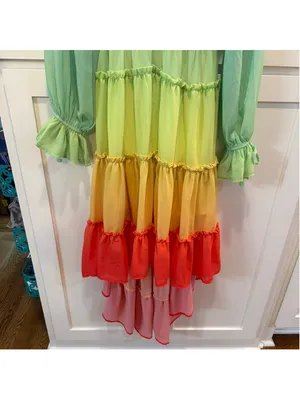 Champagne & Strawberry Rainbow Colorblock Tiered High Low Dress XS Chiffon Ombré thumbnail 16