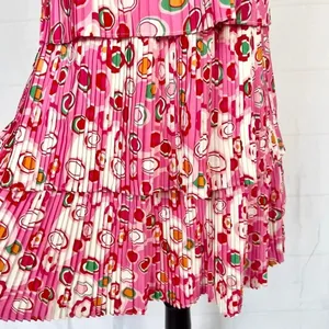TCEC Pleated Tiered Circle Print Mini Dress Spaghetti Strap Pink Red White M thumbnail 6