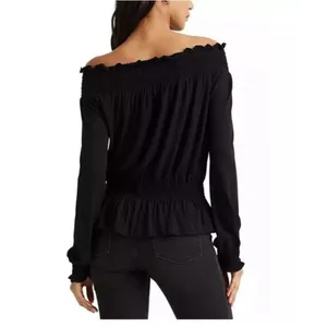 Lauren Ralph Lauren Black Off-Shoulder Smocked peplum Blouse S long sleeve thumbnail 2