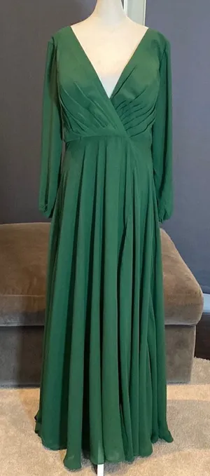 Women’s Green Chiffon Full Length Long Sleeve Dress Corset Back Leg Slit Size 12 thumbnail 1