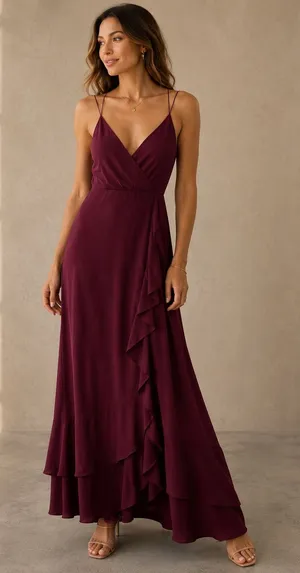 Lulus Women Maxi Dress S Burgundy Cascading Ruffles Lace Up Back 66642 thumbnail 1