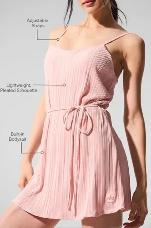 Alo Micro Plisse Game On Tennis Dress Pink Quartz Padded Belted Pleated Mini M thumbnail 1