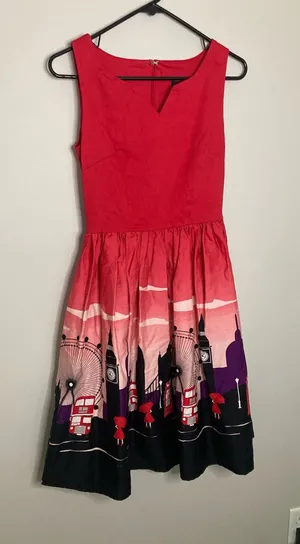 Collectif Red & Black London Print Fit-and-Flare Dress thumbnail 1