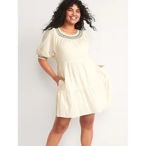 Old Navy Tiered‎ Mini Dress Womens Large Cream Boho Smocked Embroidered Peasant thumbnail 2