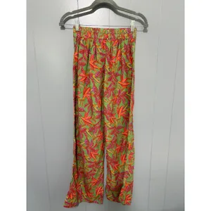 Midnight Sky Green Tropical Print Cotton Linen Blend Wide Leg Pull-on Pants S thumbnail 2
