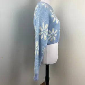 Witty Fox Blue Retro Floral Cropped Knit Sweater Large Daisy thumbnail 3