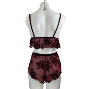 Auden Flocked Womens Red Black Floral Mesh Bralette & Mini Short Lingerie Sets S thumbnail 3