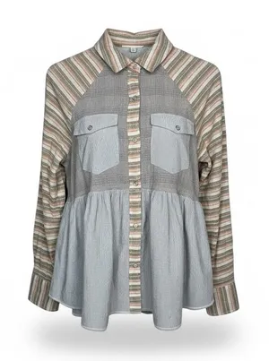 Dress Up Mixed Print Button Down Top Women Small‎ Blue Peplum Striped Plaid Boho thumbnail 1