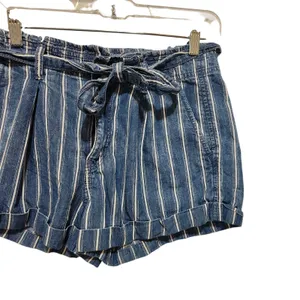 American Eagle Blue Striped Denim Belted Pleated Cotton Paperbag Shorts Size 4 thumbnail 3