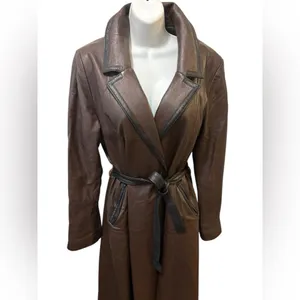 VTG Brown Leather Trench Coat Belted Contrast Trim Minimalist Chic Sz 16 Lined thumbnail 3
