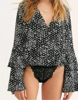 Free‎ People Ditsy Floral Black Lace Bodysuit Dramatic Ruffle Long Sleeve… thumbnail 1