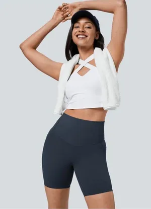 Halara L Womens High-Waisted Biker Black Shorts With Side Pockets Flat Tummy Eff thumbnail 1